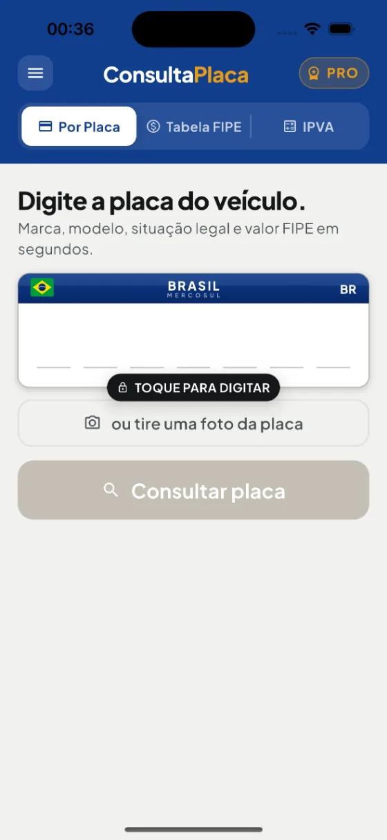 Tela de consulta por placa do aplicativo ConsultaPlaca
